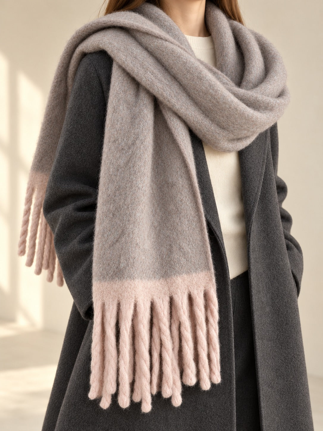 Extra-Long Brushed Scarf in Gray Pink, styled on model