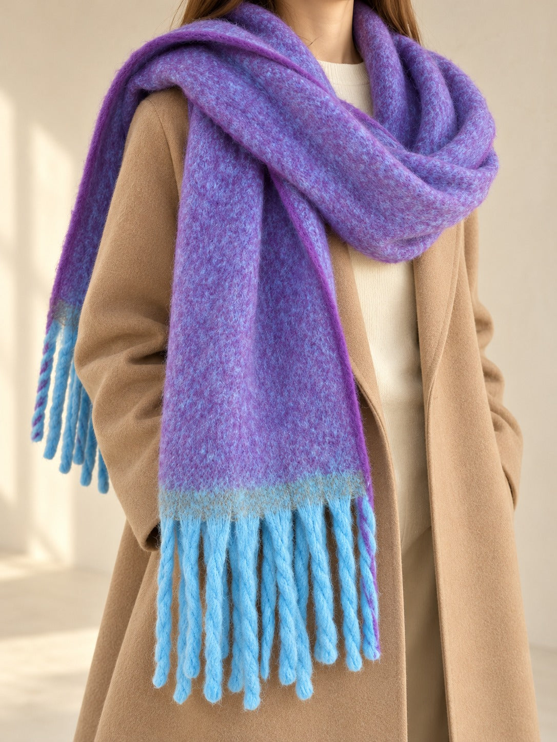 Extra-Long Brushed Scarf in Purple, styled on model