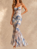 Blue Floral Mermaid Maxi Dress in Blue, front view