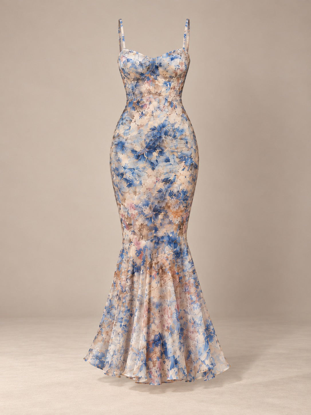 Blue Floral Mermaid Maxi Dress in Blue, product only