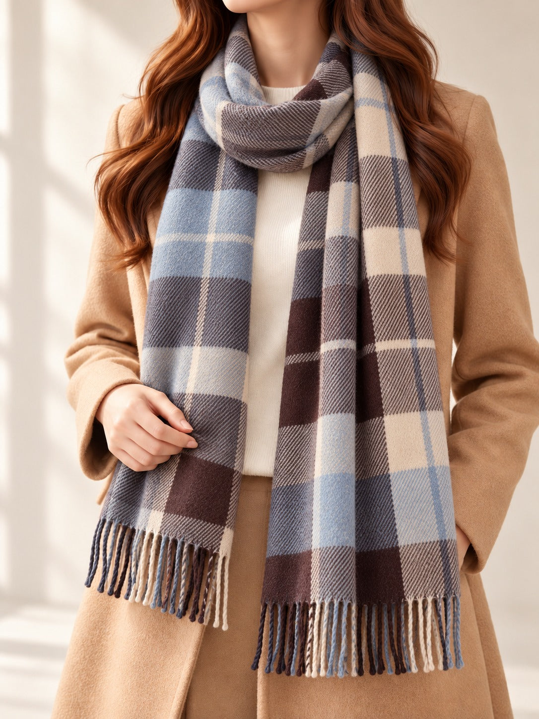 Fringed Plaid Scarf in Blue & Coffee Check, styled on model
