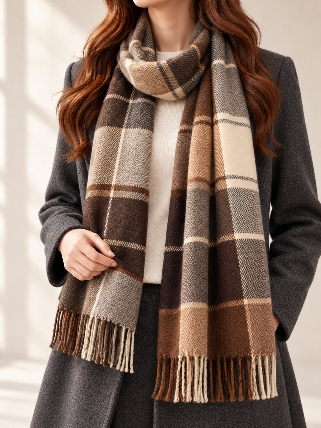 Fringed Plaid Scarf in Cream & Coffee Check, styled on model