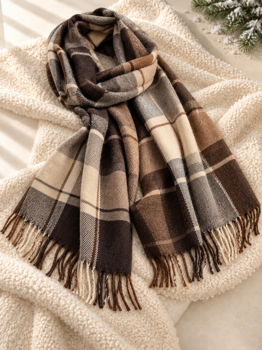 Fringed Plaid Scarf in Cream & Coffee Check, product only