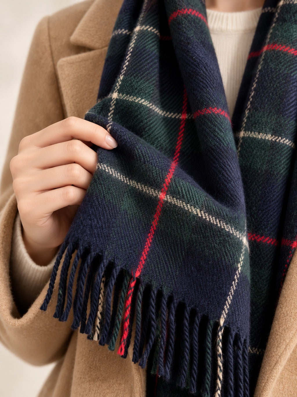 Fringed Plaid Scarf in Navy & Green Check, detail view