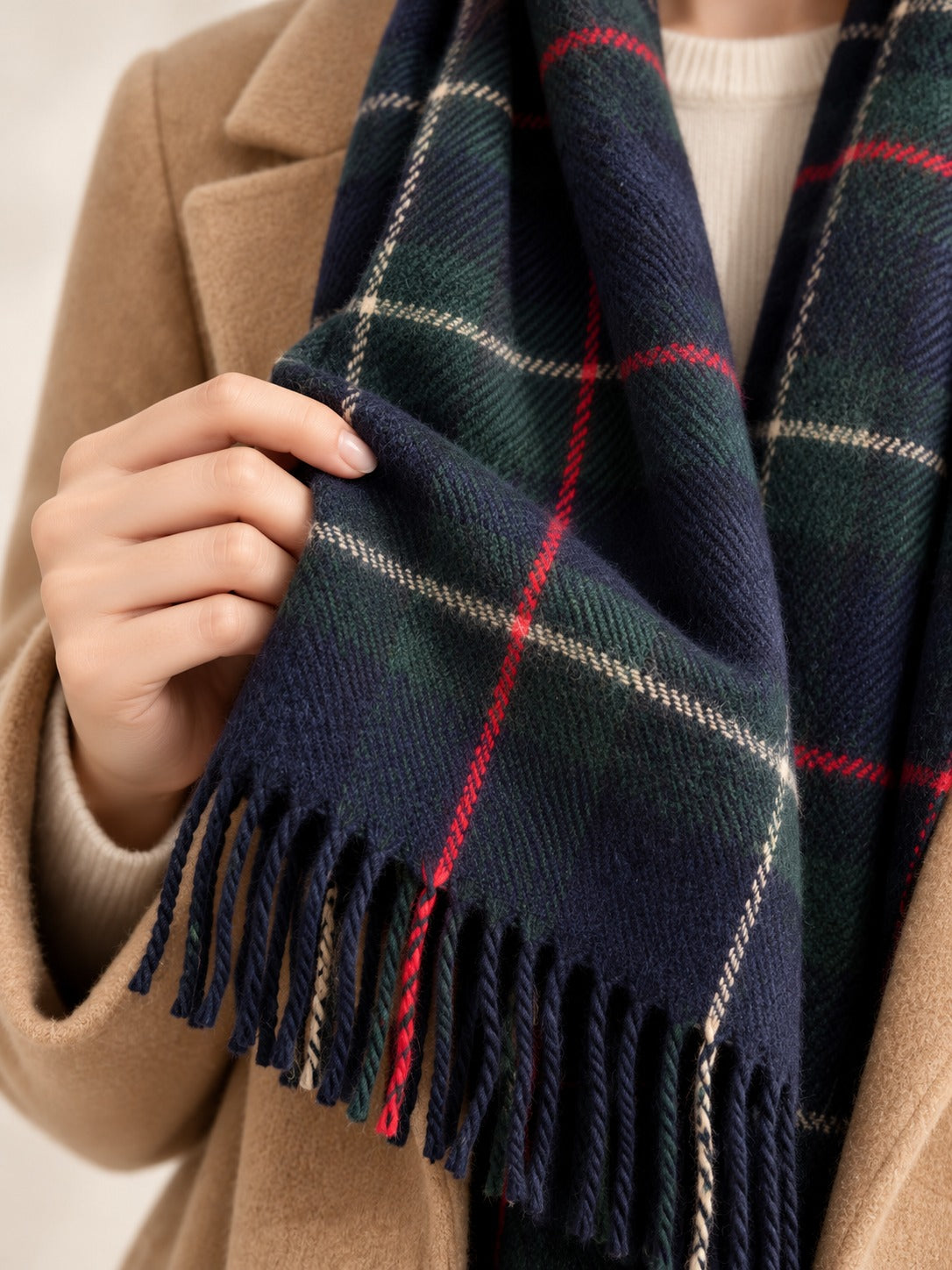 Fringed Plaid Scarf in Navy & Green Check, detail view