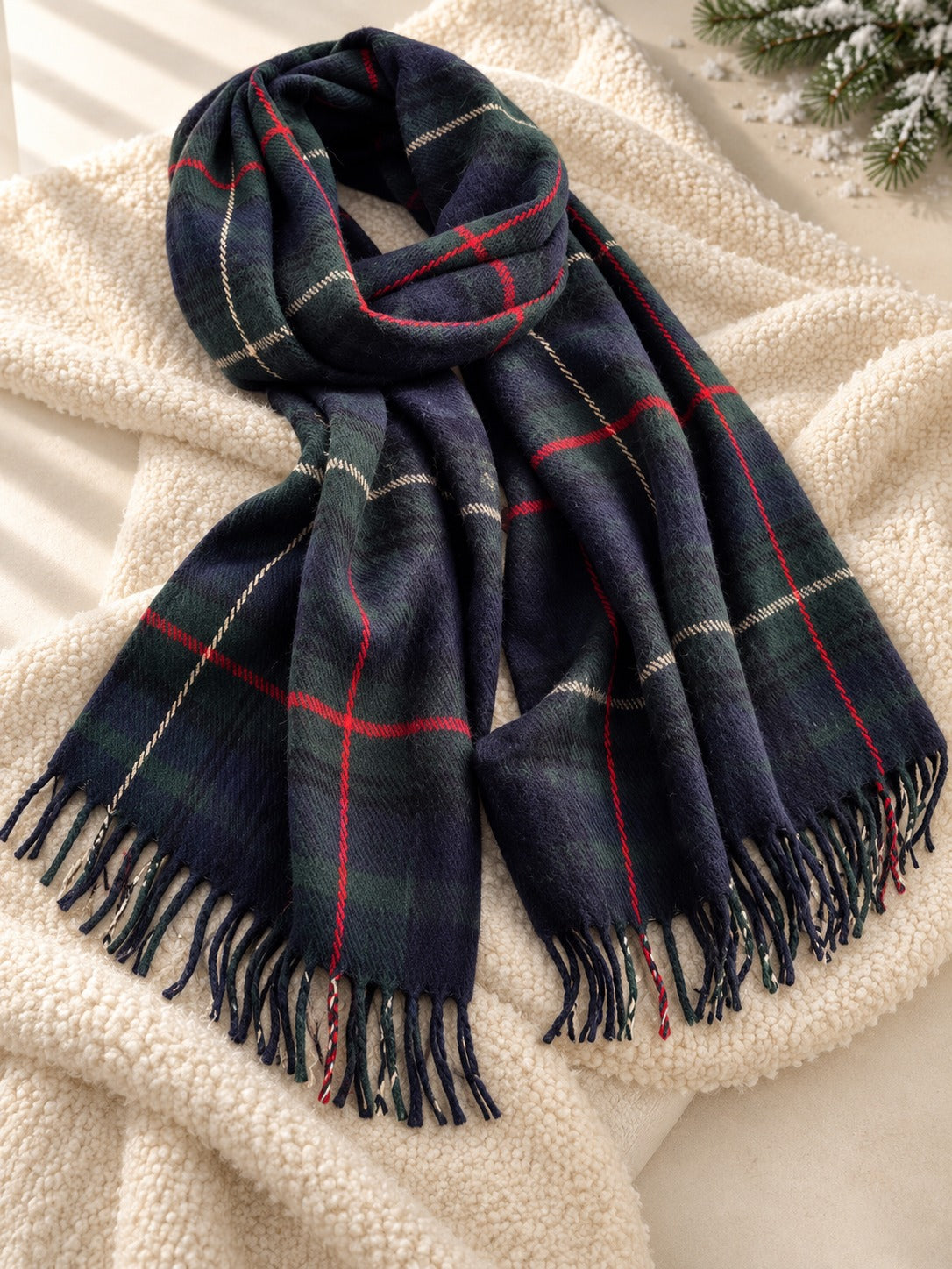 Fringed Plaid Scarf in Navy & Green Check, product only