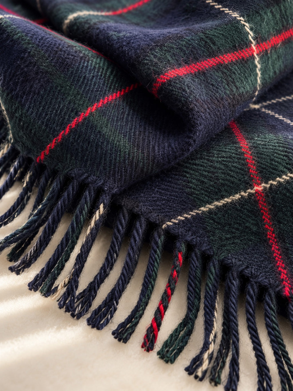 Fringed Plaid Scarf in Navy & Green Check, fabric close-up
