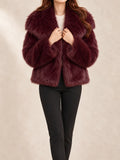 Cropped Faux Fur Jacket in Burgundy, front view