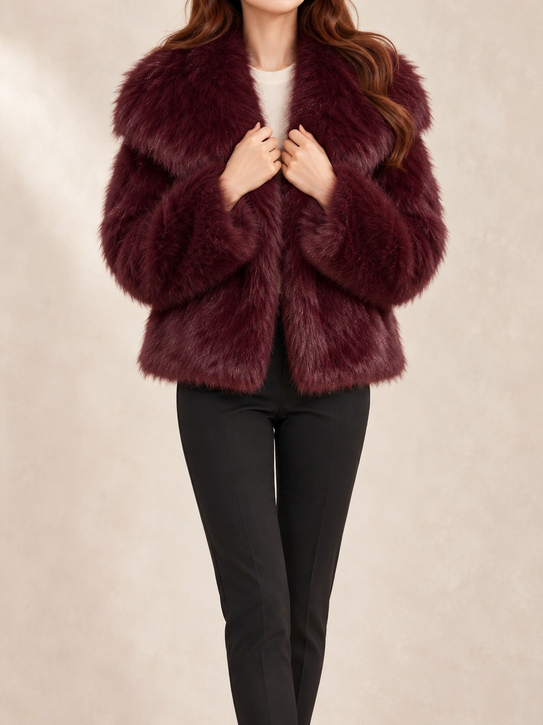Cropped Faux Fur Jacket in Burgundy, front view