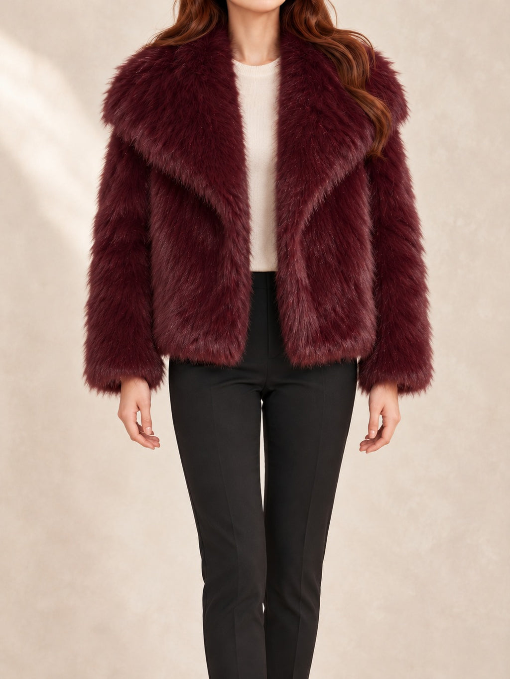 Cropped Faux Fur Jacket in Burgundy, full-length front view