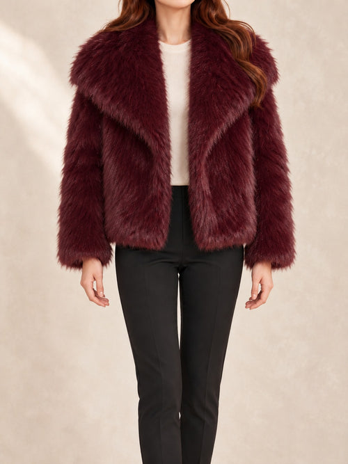 Cropped Faux Fur Jacket in Burgundy, full-length front view