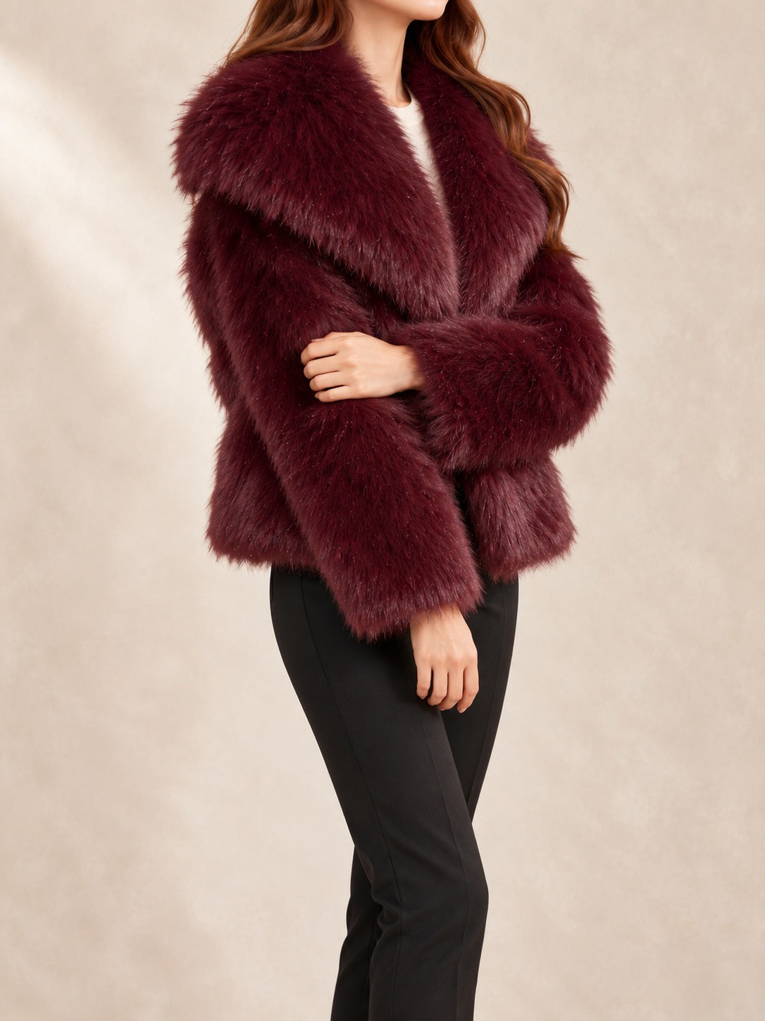 Cropped Faux Fur Jacket in Burgundy, side view