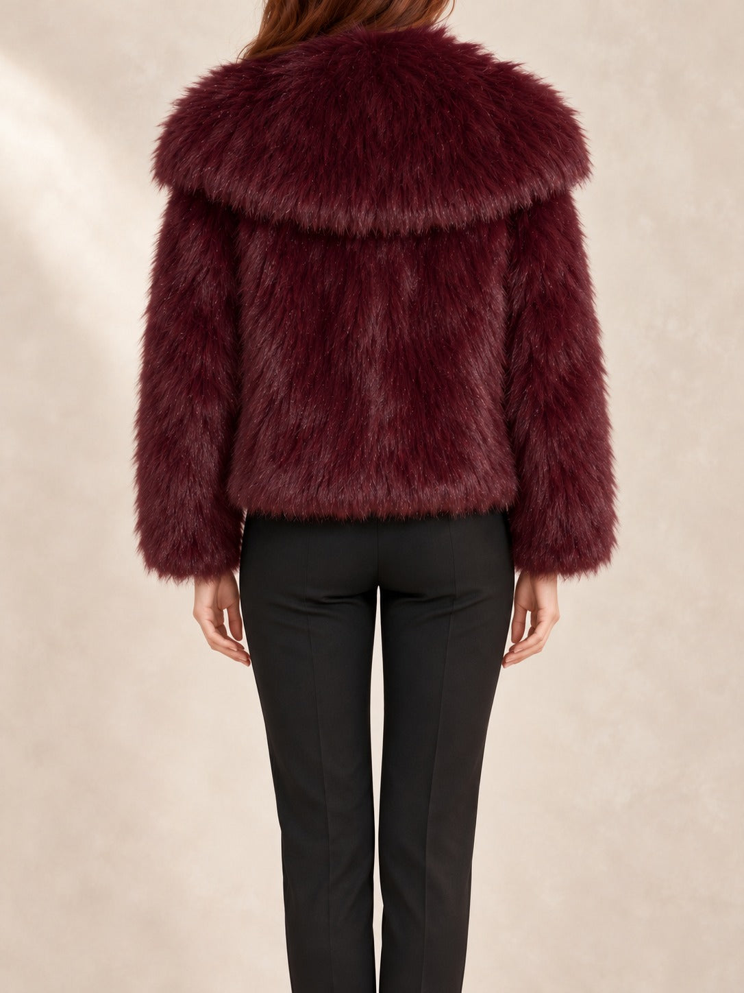 Cropped Faux Fur Jacket in Burgundy, back view