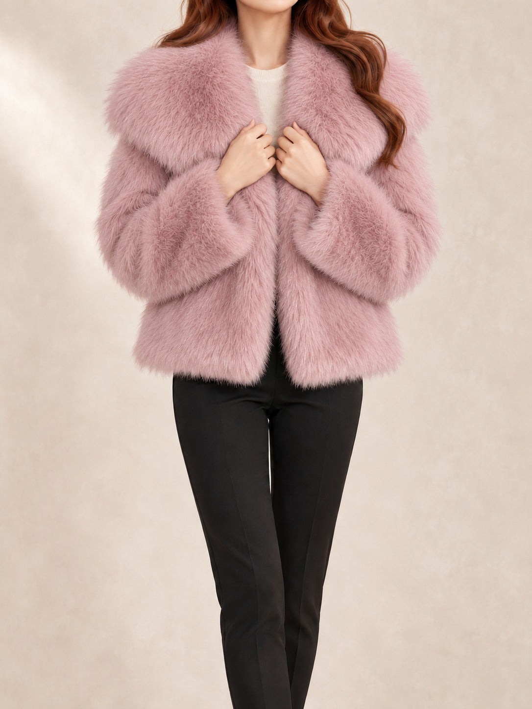 Cropped Faux Fur Jacket in Pink, front view