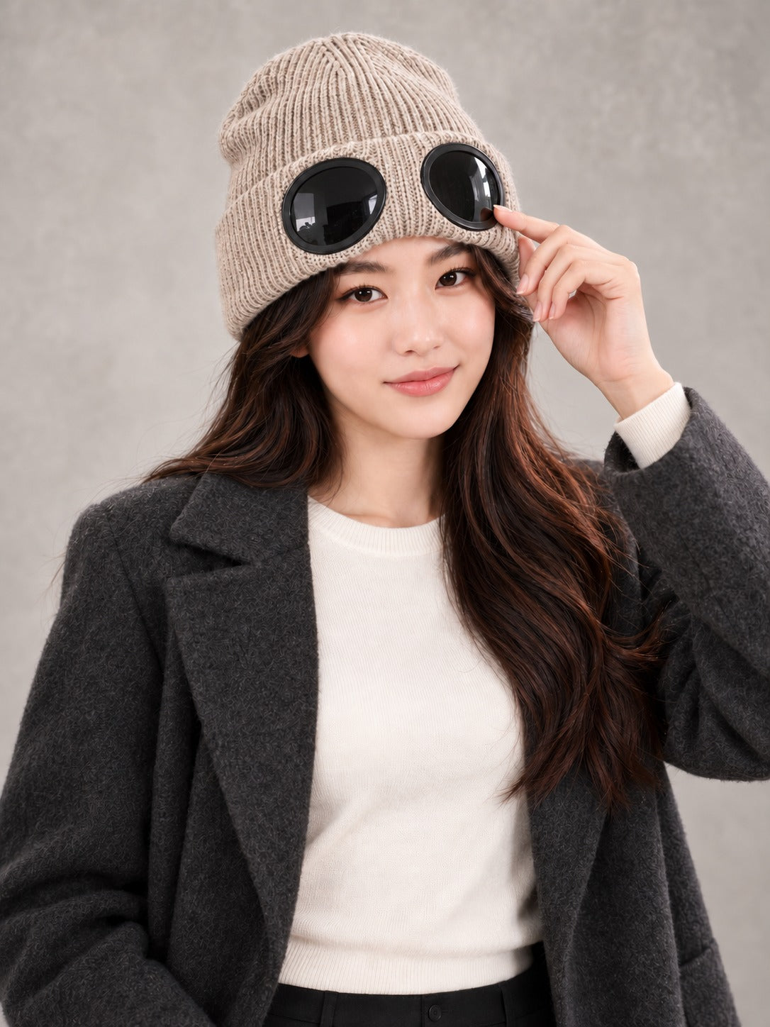 Ribbed Knit Beanie with Built-In Eyewear in Beige, styled on model