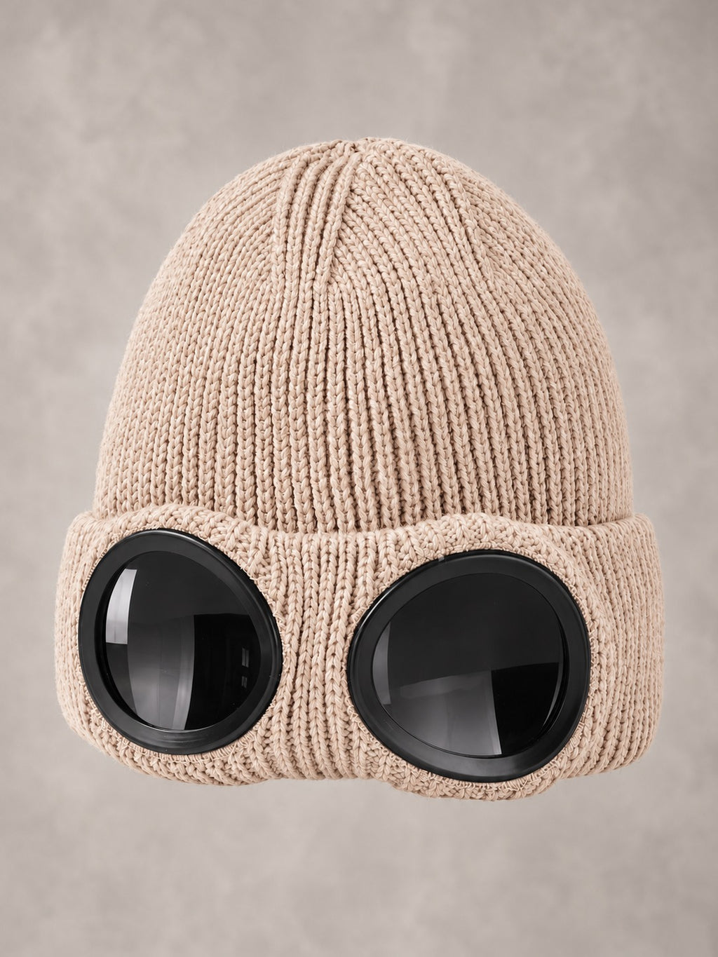 Ribbed Knit Beanie with Built-In Eyewear in Beige, product only