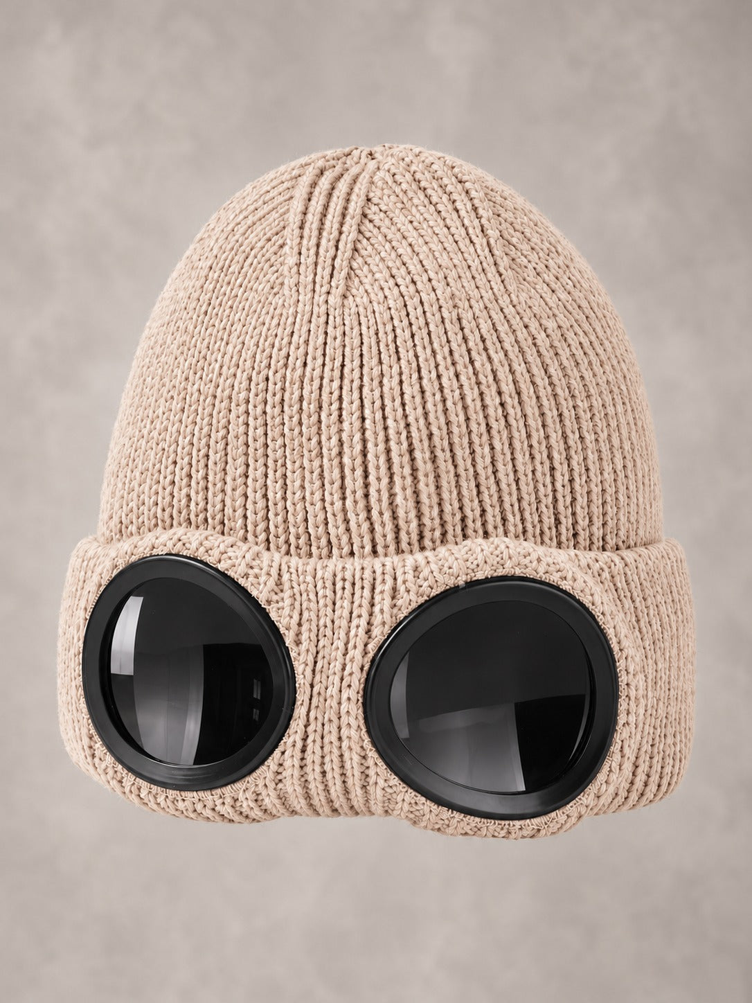 Ribbed Knit Beanie with Built-In Eyewear in Beige, product only