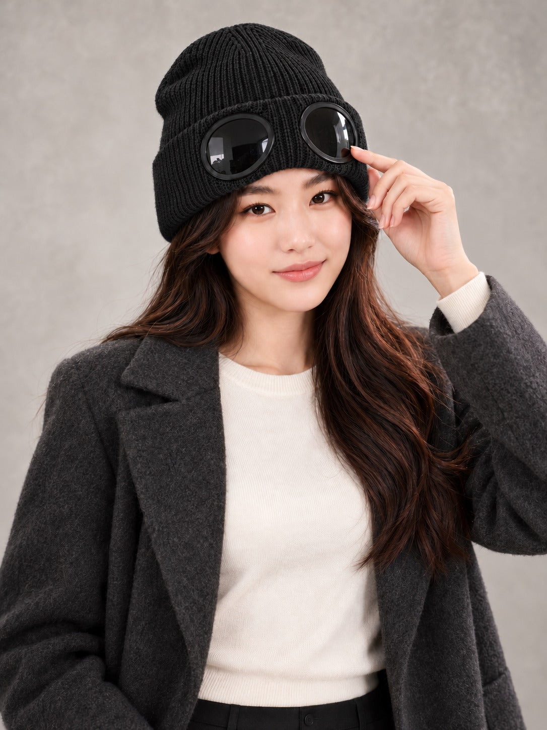 Ribbed Knit Beanie with Built-In Eyewear in Black, styled on model