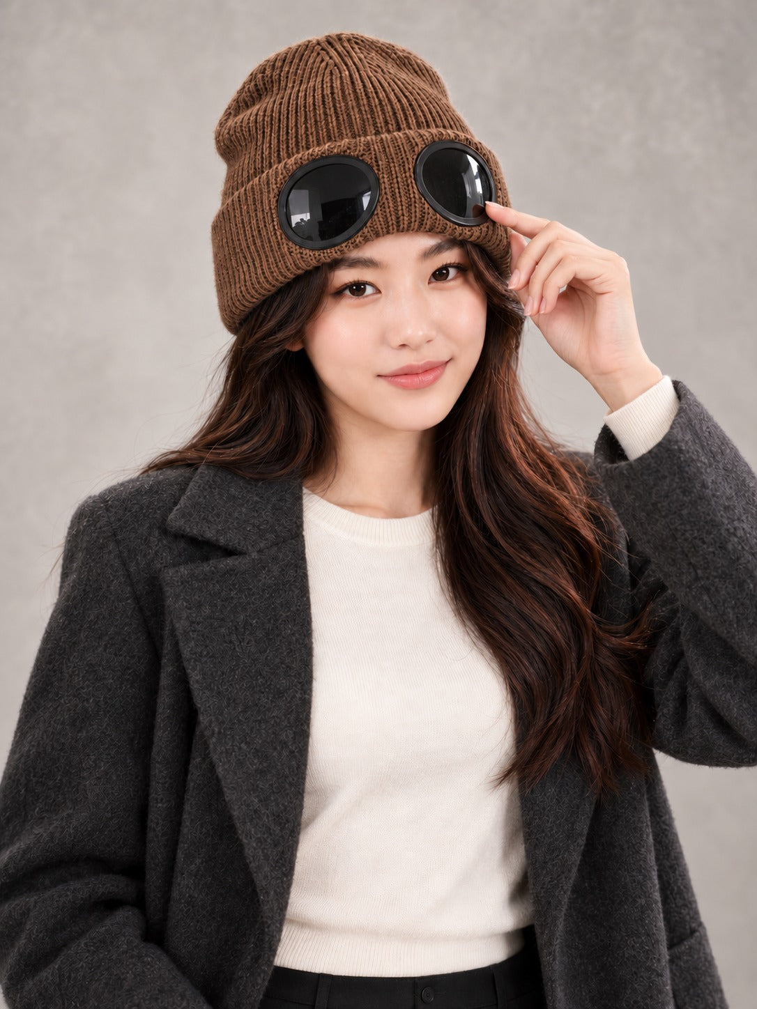 Ribbed Knit Beanie with Built-In Eyewear in Brown, styled on model