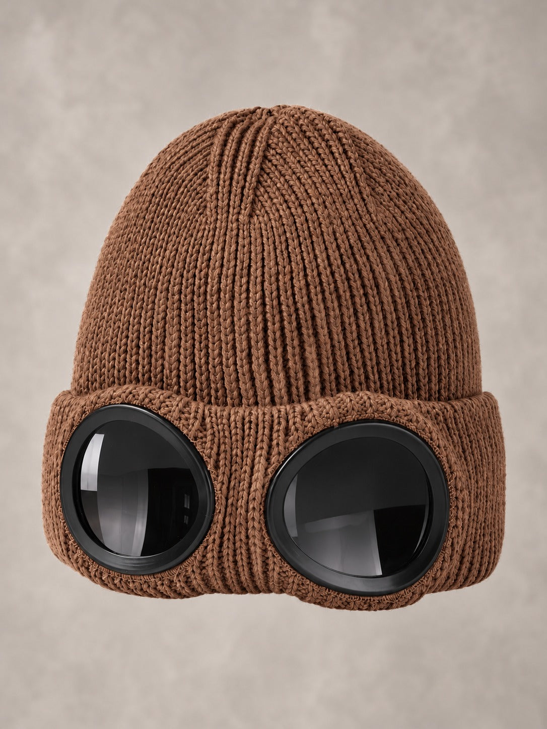 Ribbed Knit Beanie with Built-In Eyewear in Brown, product only