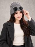 Ribbed Knit Beanie with Built-In Eyewear in Gray, styled on model