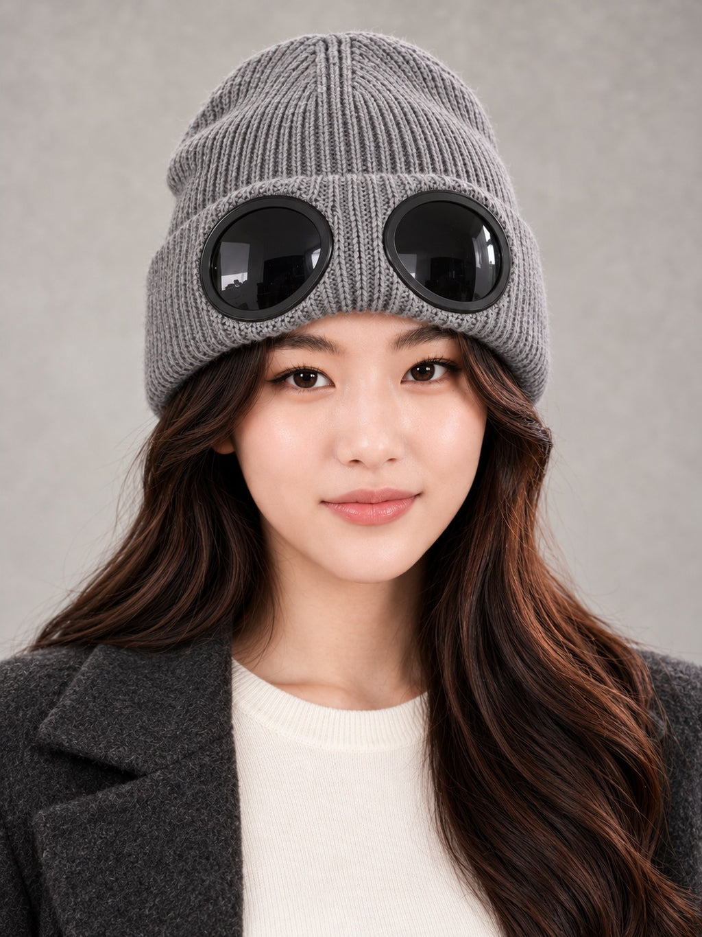 Ribbed Knit Beanie with Built-In Eyewear in Gray, front view