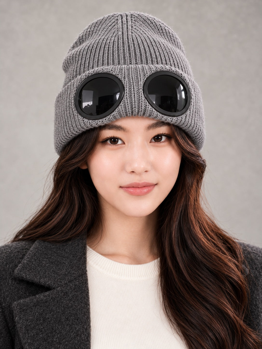 Ribbed Knit Beanie with Built-In Eyewear in Gray, front view