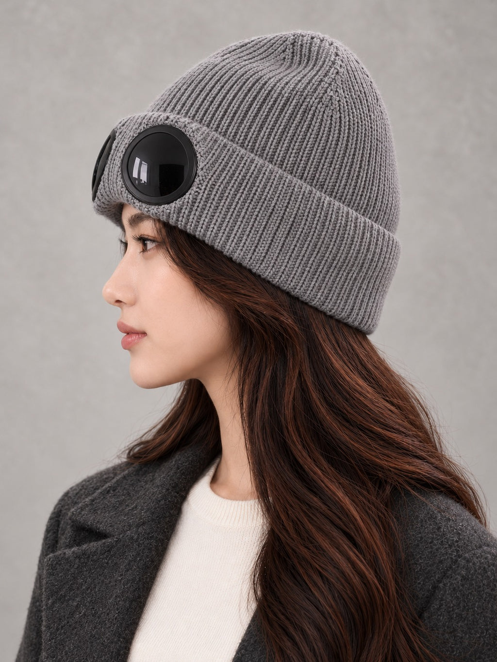 Ribbed Knit Beanie with Built-In Eyewear in Gray, side view