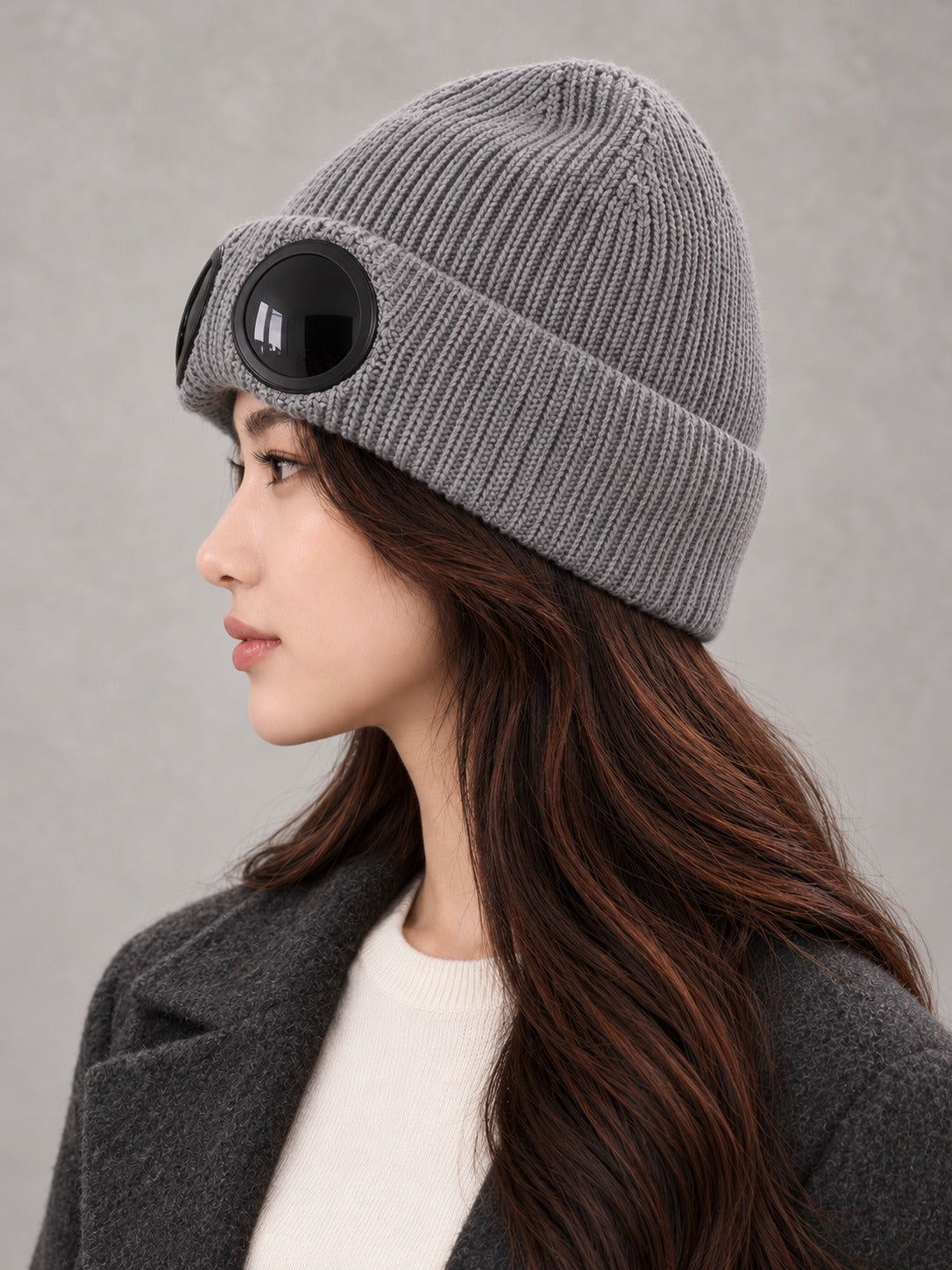 Ribbed Knit Beanie with Built-In Eyewear in Gray, side view