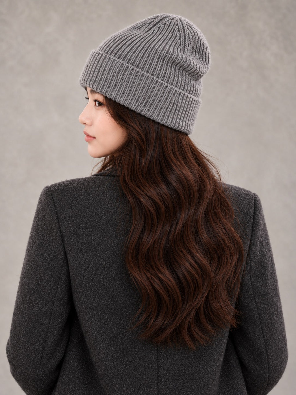 Ribbed Knit Beanie with Built-In Eyewear in Gray, back view