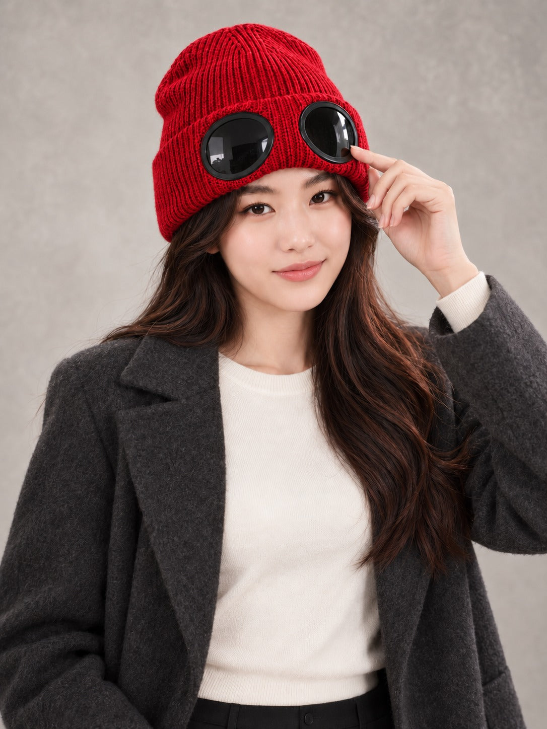 Ribbed Knit Beanie with Built-In Eyewear in Red, styled on model