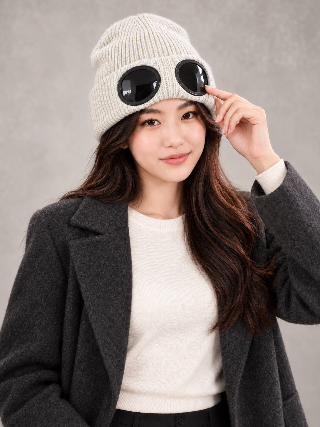 Ribbed Knit Beanie with Built-In Eyewear in White, styled on model