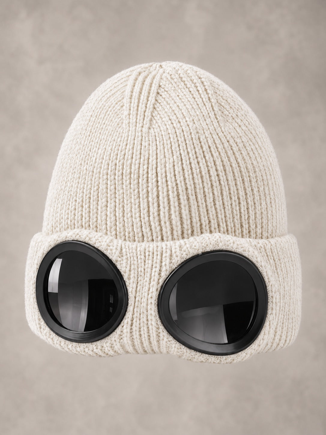 Ribbed Knit Beanie with Built-In Eyewear in White, product only